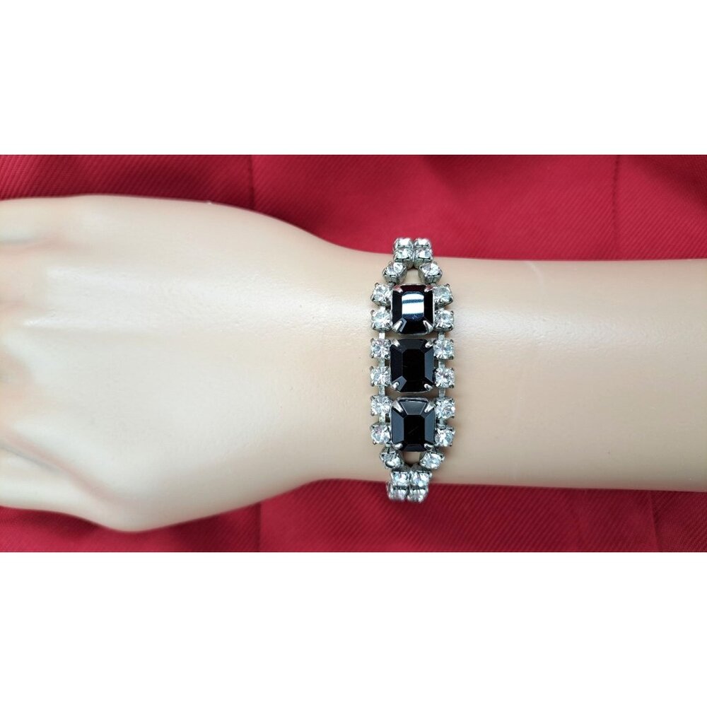 Vintage Clear Black Rhinestone Bracelet Clip-On Earrings Set Emerald Cut Costume - Picture 2 of 6